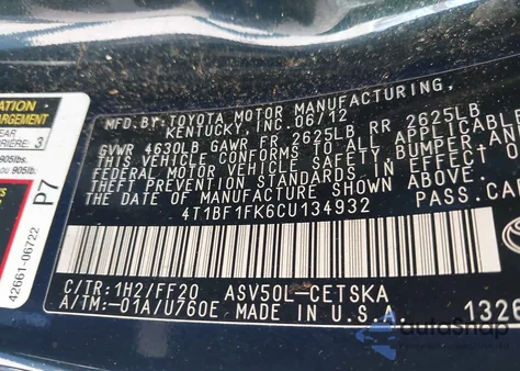2012 Toyota Camry Se z USA, uszkodzony, nr VIN 4T1BF1FK6CU134932